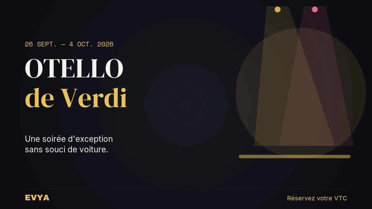 Affiche événement Otello Verdi Opéra Nancy 2026 avec projecteurs de scène dorés, réservation VTC EVYA