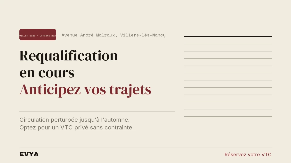 Brève presse : requalification avenue André Malraux Villers-lès-Nancy 2026, VTC EVYA Nancy pour contourner perturbations circulation