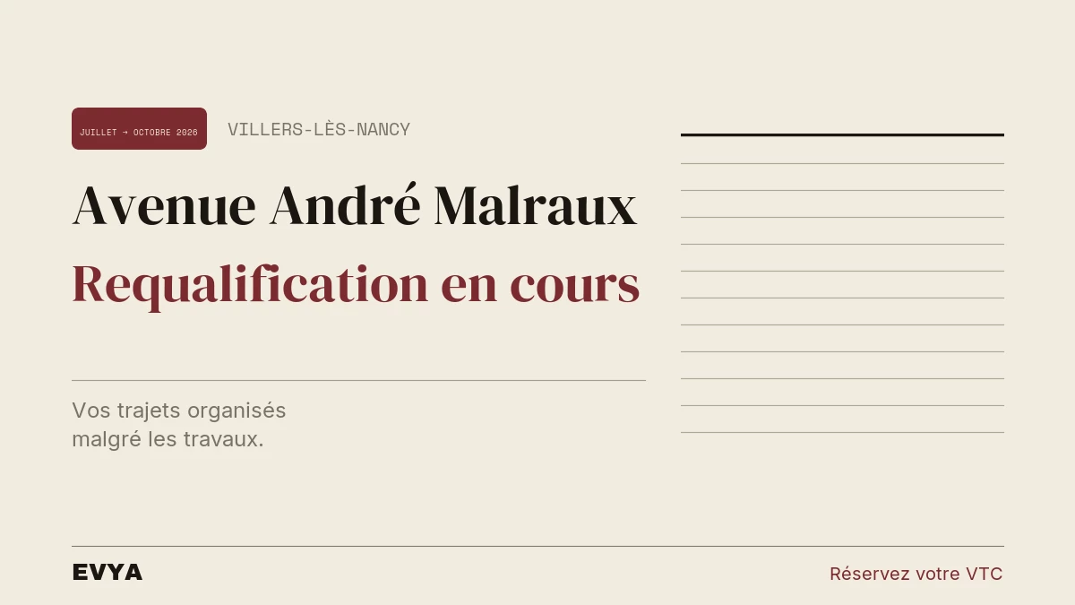 Brève presse : requalification avenue André Malraux Villers-lès-Nancy juillet-octobre 2026, VTC privé EVYA Nancy