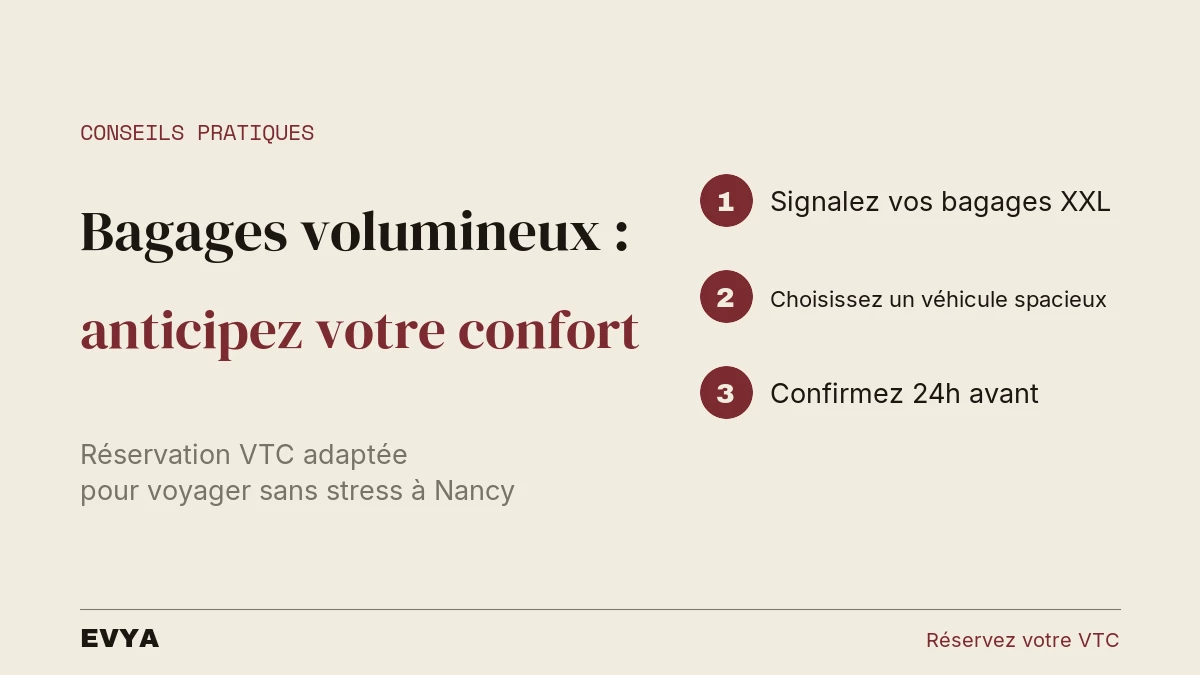Guide pratique VTC Nancy : 3 étapes pour voyager avec bagages volumineux en toute sérénité avec EVYA