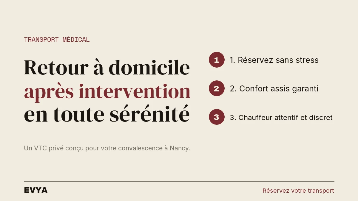 Visuel instructif pour transport médical VTC privé après chirurgie à Nancy - EVYA