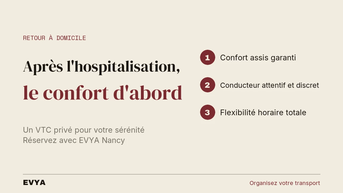 Visuel article VTC privé pour retour d'hospitalisation à Nancy : confort assis après CHRU Brabois, transport non médicalisé EVYA