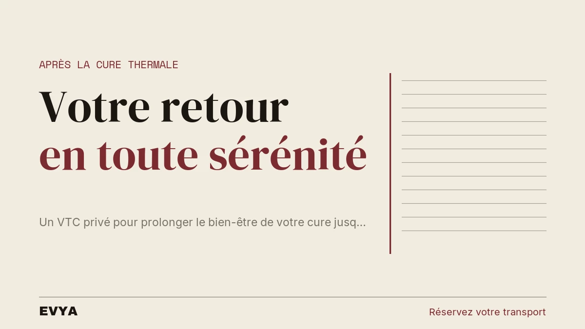 Visuel éditorial sobre : retour de cure thermale en VTC privé assis à Nancy, design minimaliste papier et encre