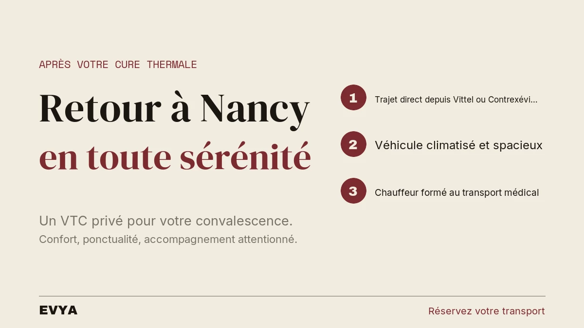 Visuel éditorial sur le retour de cure thermale en VTC privé à Nancy : confort et accompagnement médical EVYA