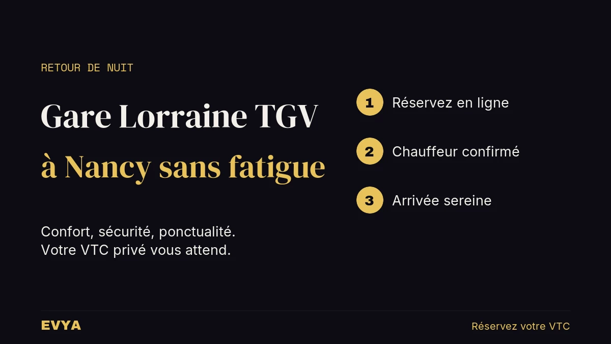 Visuel instructif pour réserver un VTC privé EVYA pour un retour nocturne de la gare Lorraine TGV à Nancy, avec palette nuit or sobre et pr…