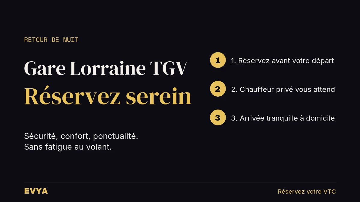Visuel instructif pour réservation VTC privé depuis gare Lorraine TGV Nancy - sécurité trajets nocturnes EVYA
