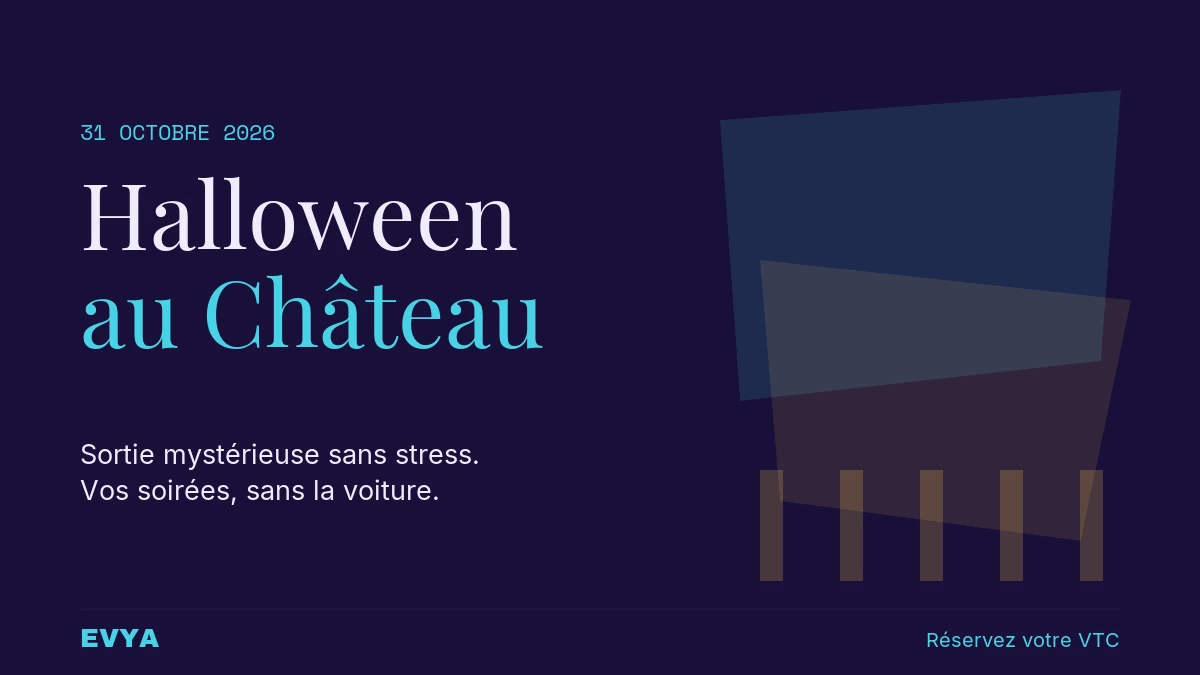Affiche Halloween Château de Dieulouard Nancy : faisceaux de lumière violet et noir, réservez votre VTC EVYA pour cette sortie Lorraine san…