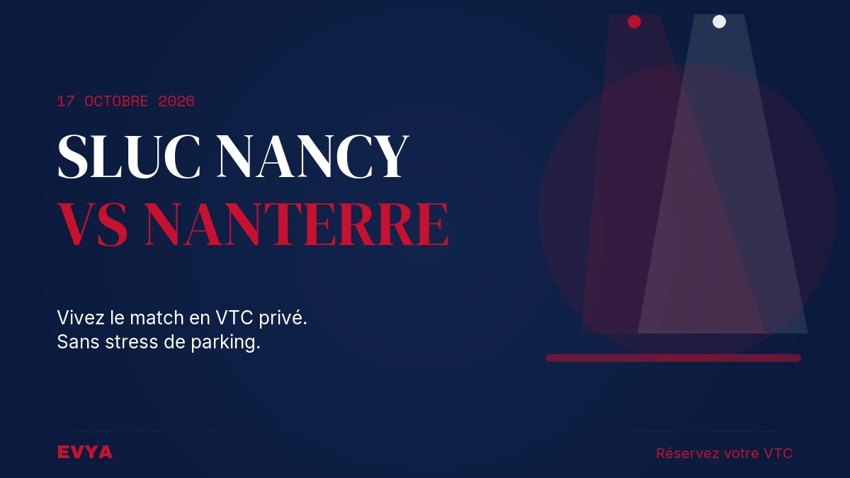Affiche événement basket SLUC Nancy vs Nanterre 17 octobre 2026 au Palais des Sports Nancy avec faisceaux de projecteur rouge, promotion VT…