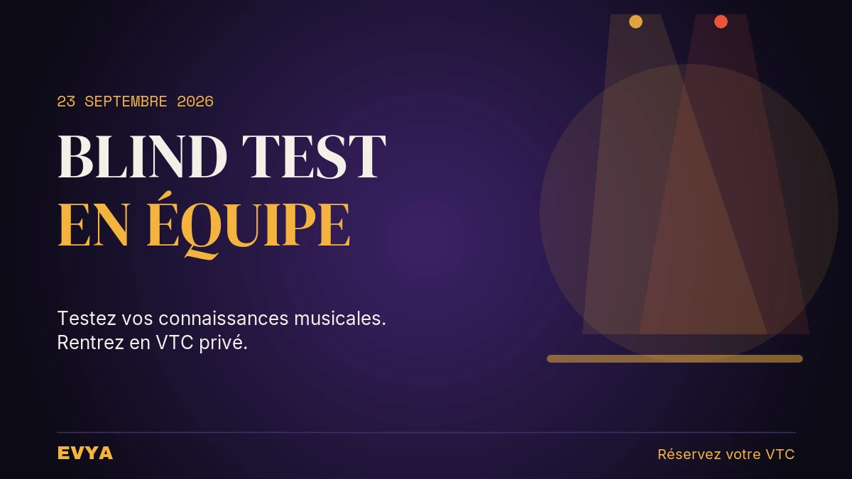 Affiche soirée blind test BBC Nancy 23 sept 2026 : faisceaux de projecteurs, titre BLIND TEST, tagline VTC privé EVYA
