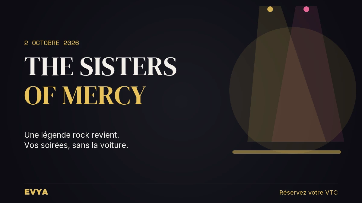 Affiche du concert The Sisters of Mercy à Nancy le 2 octobre 2026 avec projecteurs de scène, promotion VTC privé EVYA pour L'Autre Canal