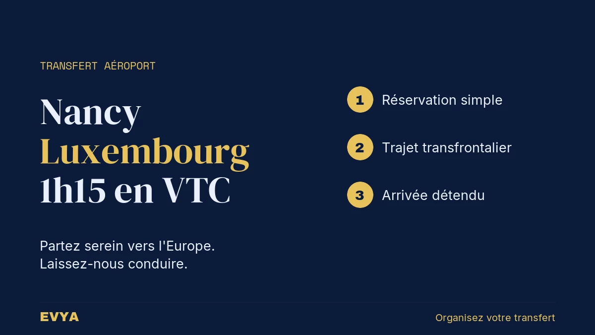 Visuel guide VTC Nancy-Luxembourg : transfert aéroport 1h15, EVYA chauffeur privé haut de gamme