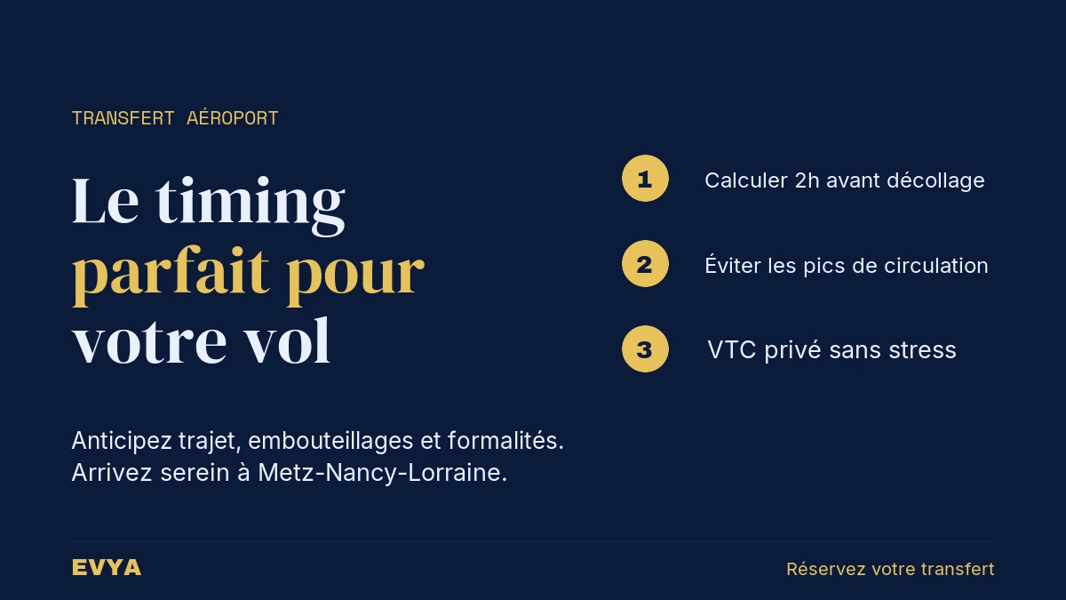Guide timing transfert aéroport Metz-Nancy-Lorraine en VTC privé EVYA Nancy – conseils pratiques pour ne pas rater votre vol