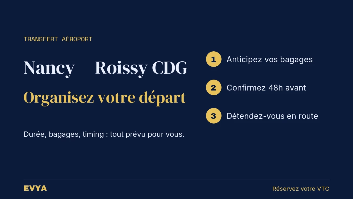 Guide visuel pour organiser votre transfert VTC Nancy vers Paris-Roissy CDG avec EVYA : conseils pratiques bagages et timing.