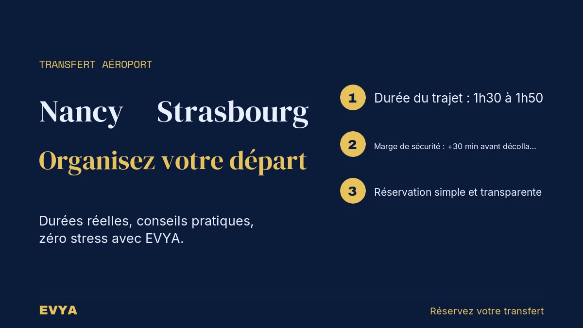Guide visuel transfert aéroport Strasbourg depuis Nancy en VTC EVYA : durées, conseils pratiques et réservation.