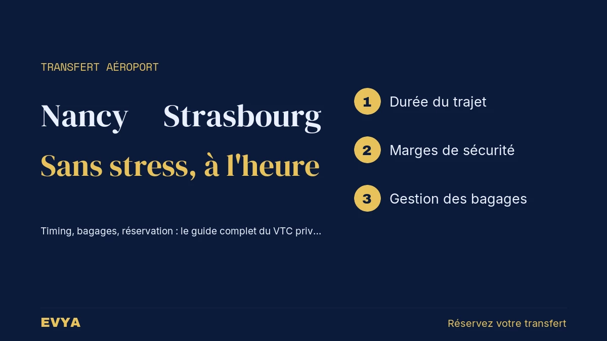 Guide visuel transfert aéroport Strasbourg depuis Nancy en VTC privé EVYA : timing et bagages pour un départ serein.