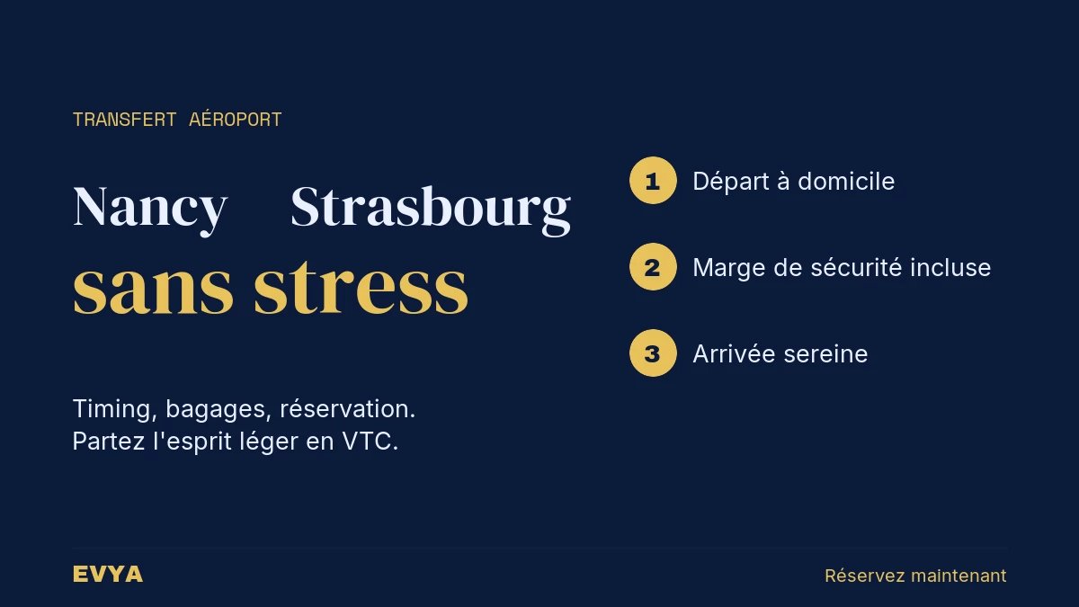 Visuel guide pratique transfert aéroport Nancy Strasbourg VTC EVYA : timing et bagages