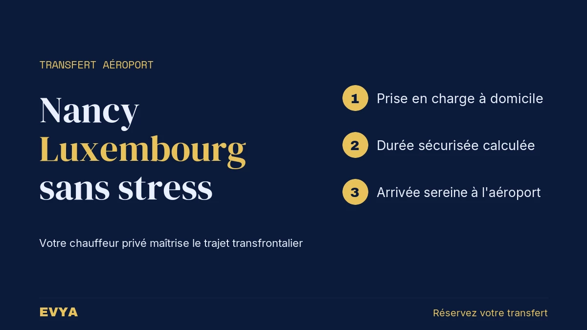 Visuel guide VTC Nancy vers aéroport Luxembourg : trajet transfrontalier serein avec EVYA chauffeur privé