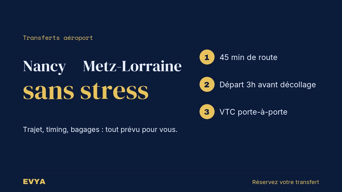 Visuel guide pratique VTC EVYA pour transfert aéroport Metz-Nancy-Lorraine depuis Nancy : durée trajet et conseils