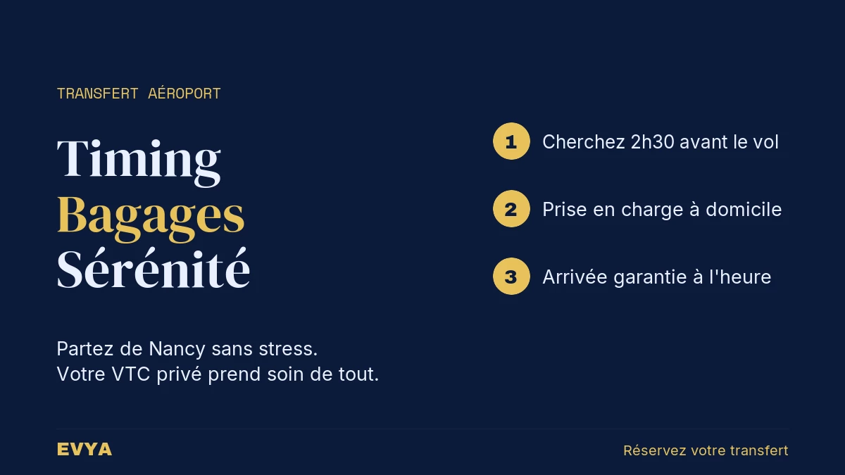 Guide visuel du transfert VTC vers l'aéroport de Metz-Nancy-Lorraine : timing, bagages et prise en charge à domicile avec EVYA Nancy.