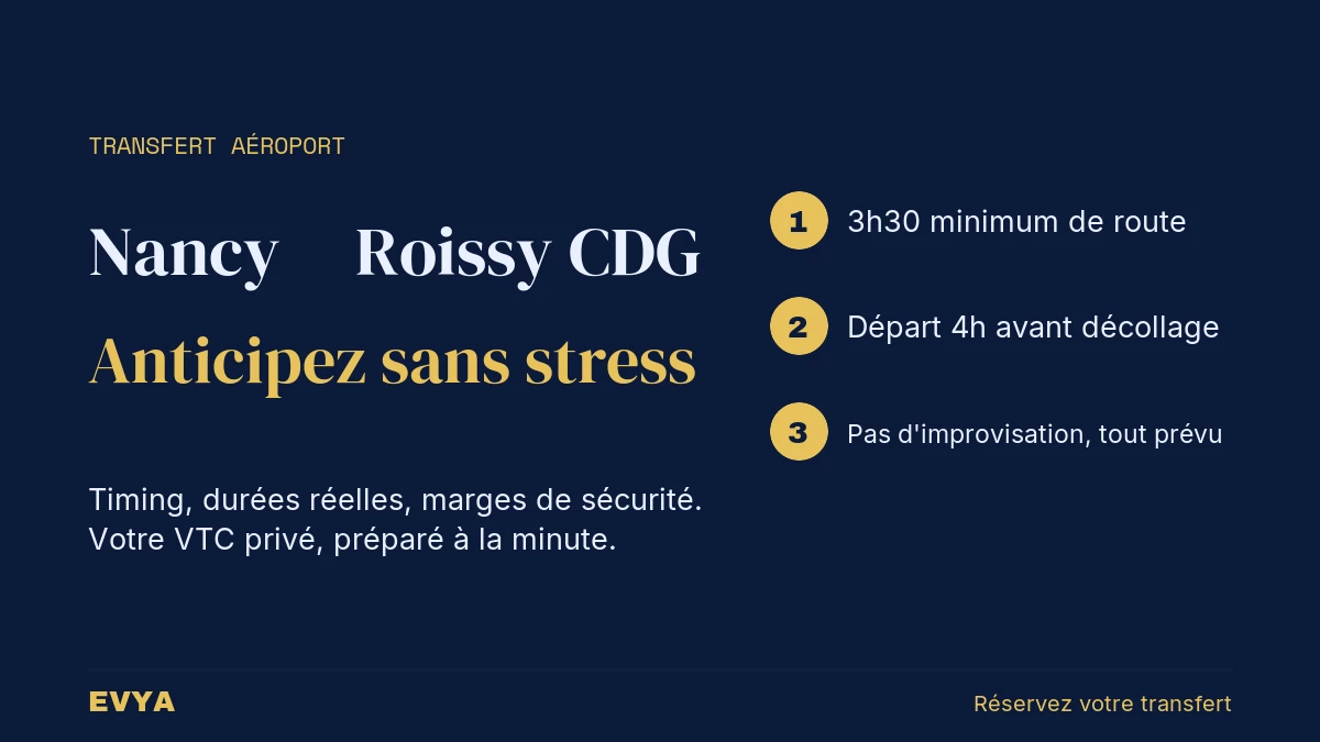 Guide pratique transfert Nancy vers aéroport Paris-Roissy CDG en VTC privé EVYA : durées et conseils d'anticipation.