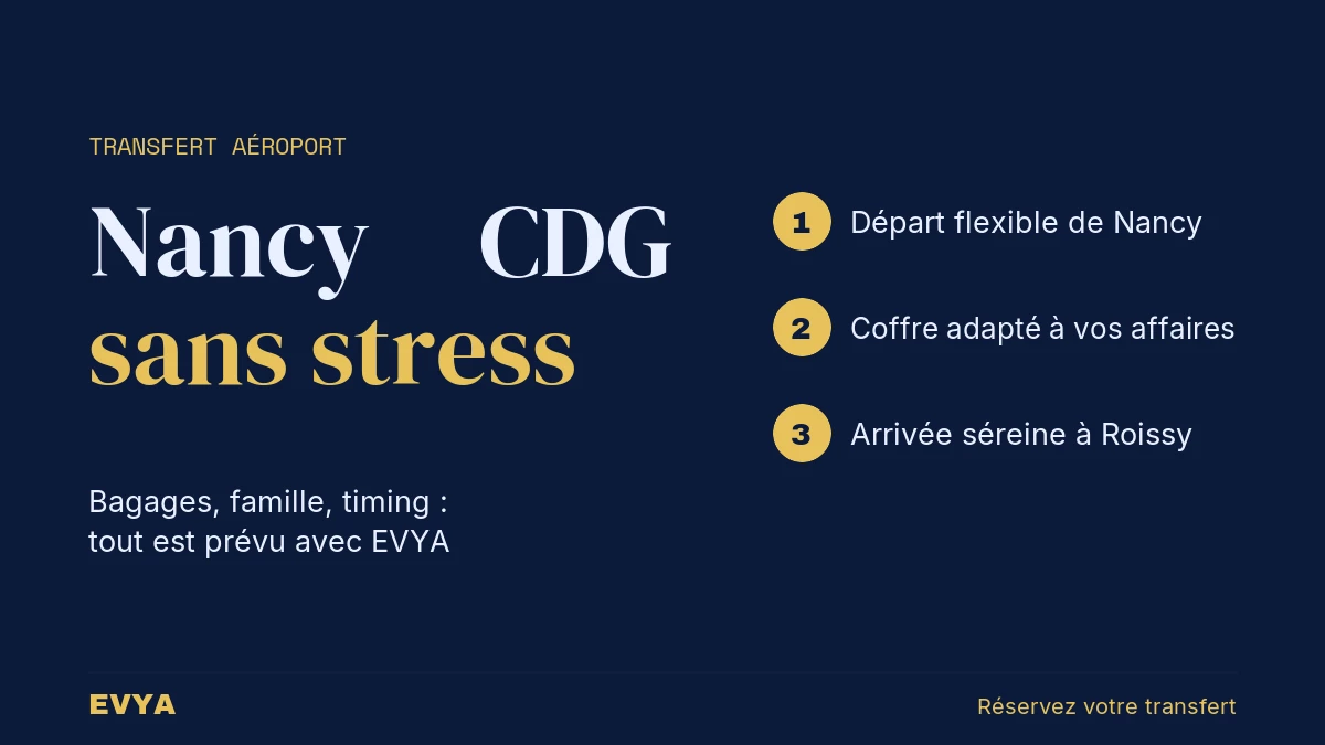 Visuel guide transfert VTC Nancy vers aéroport Paris CDG : conseils bagages et organisation pratique avec EVYA
