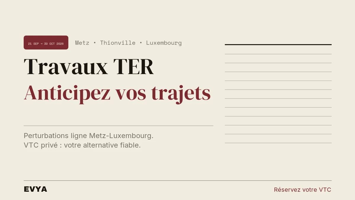 Brève presse travaux TER Metz-Thionville-Luxembourg sept-oct 2026 : VTC privé EVYA Nancy, alternative trajets frontaliers