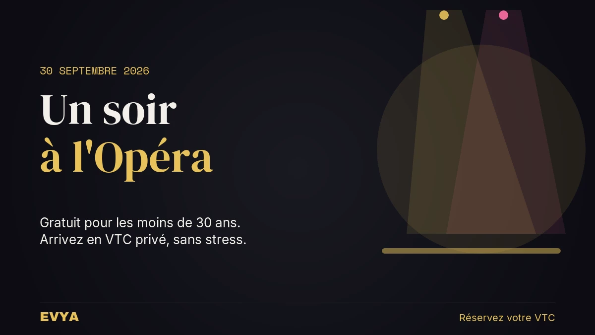Affiche Un soir à l'Opéra Nancy 30 septembre 2026 - réservez votre VTC privé EVYA avec faisceaux de projecteur et ambiance spectacle.