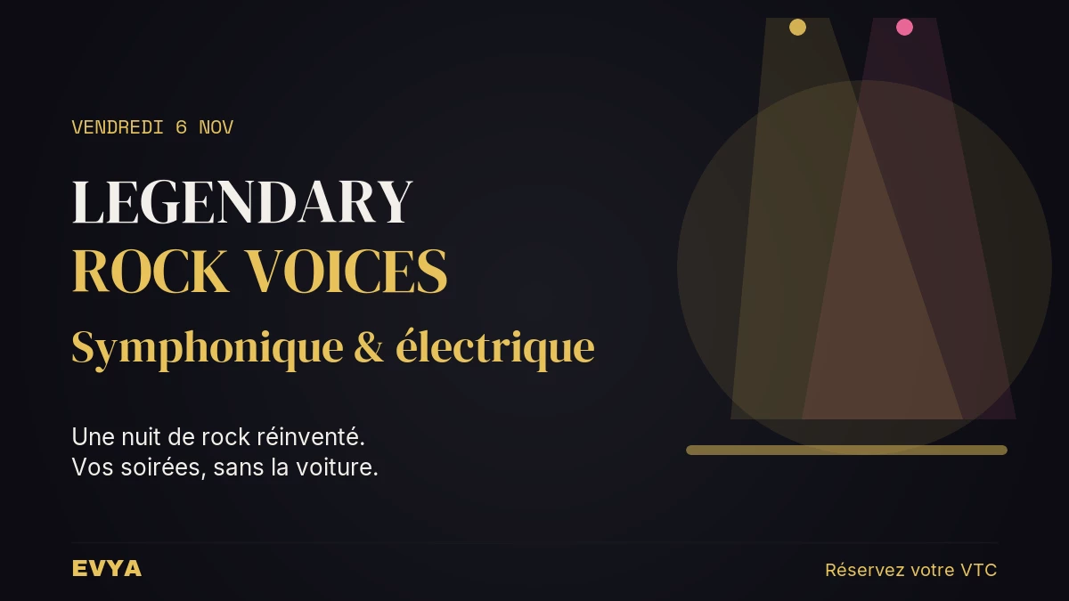 Affiche événement Legendary Rock Voices au Zénith de Nancy le 6 novembre 2026 avec projecteurs de scène dorés et noirs - VTC EVYA Nancy