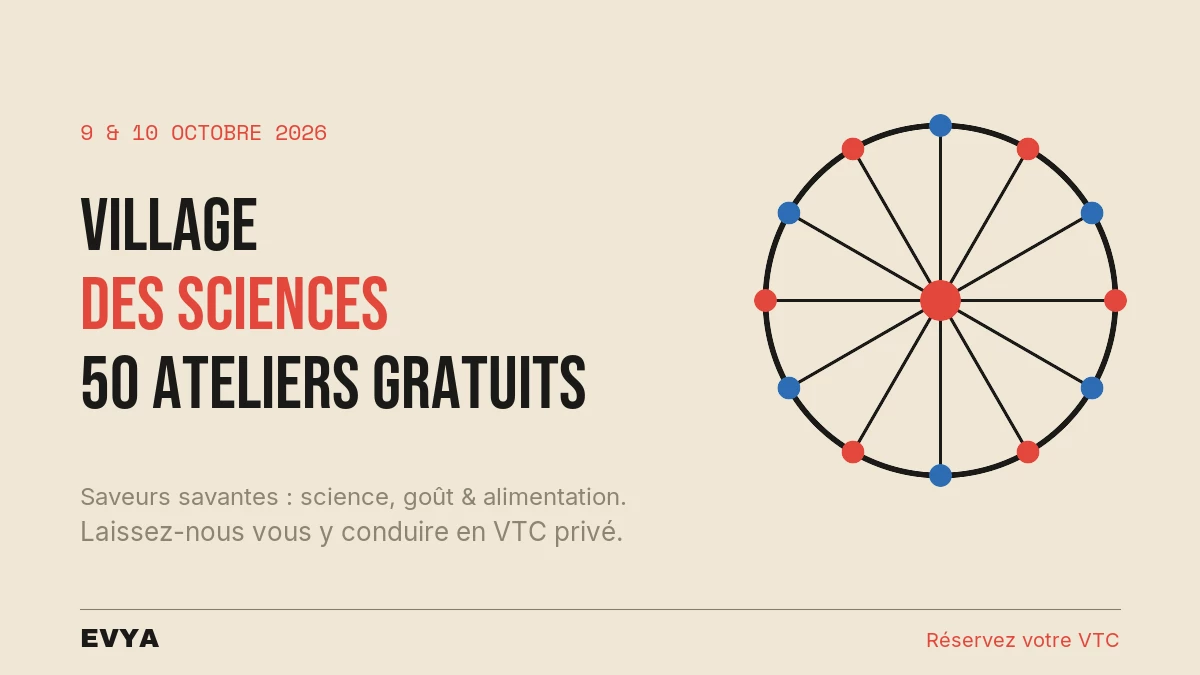 Affiche du Village des Sciences 2026 à Vandœuvre : 50 ateliers gratuits les 9-10 octobre. Réservez votre VTC privé EVYA pour cette sortie f…