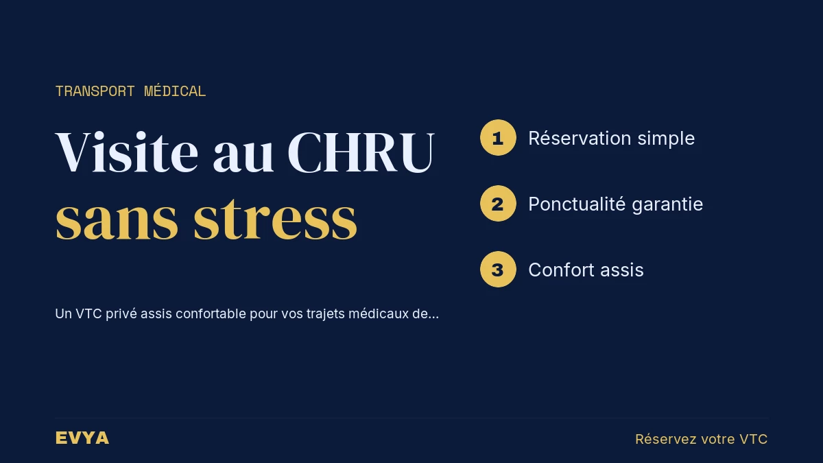 Visuel guide pratique VTC transport médical CHRU Brabois Nancy EVYA confort assis