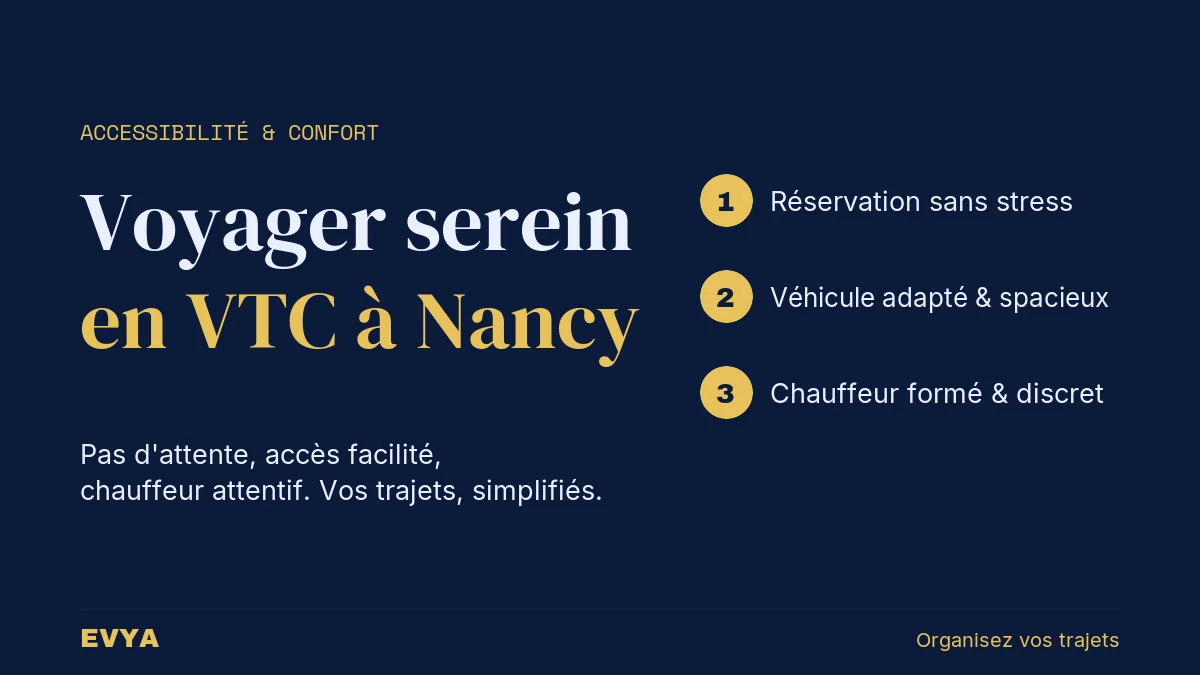 Visuel guide VTC accessible Nancy : trois étapes pour voyager en toute sérénité avec chauffeur privé EVYA, mobilité réduite facilitée