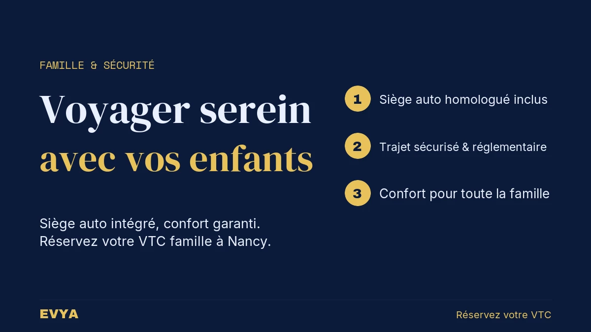 Visuel guide VTC en famille à Nancy : trois étapes pour voyager serein avec enfants en bas âge, siège auto intégré et sécurité garantie par…